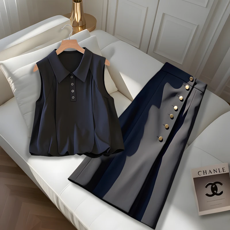 今年流行爆款黑色背心polo衫无袖t恤上衣服高腰通勤半身裙套装女