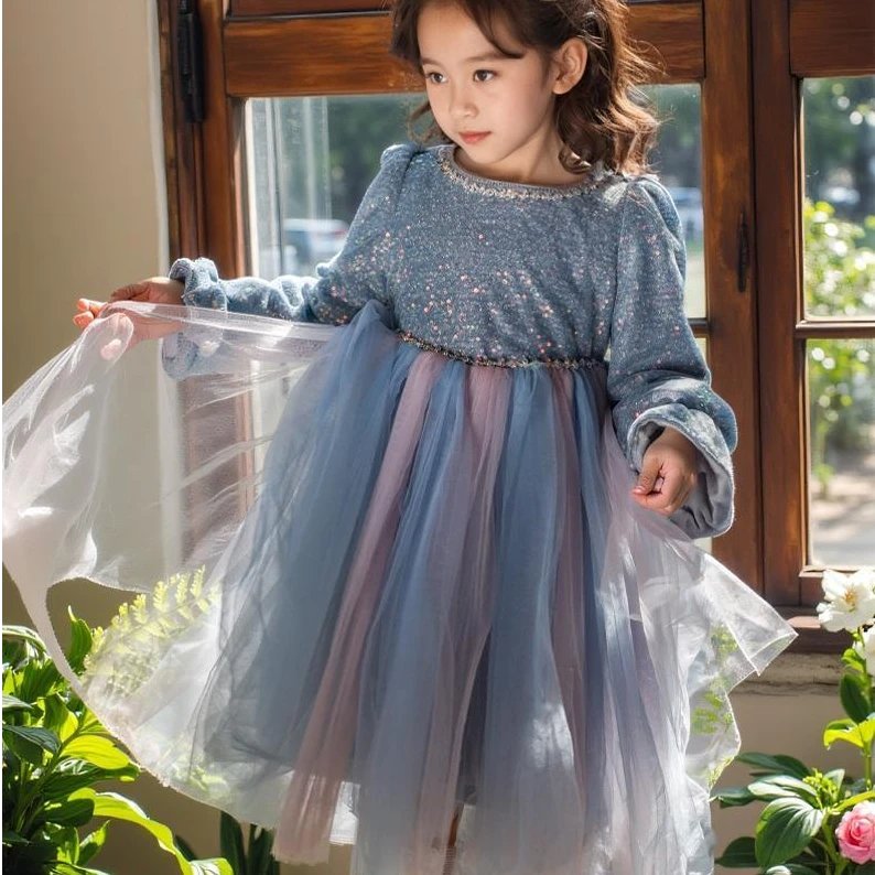 儿童公主裙洋气拼色童装连衣裙春季冬季秋季女童秋冬蓬蓬纱裙