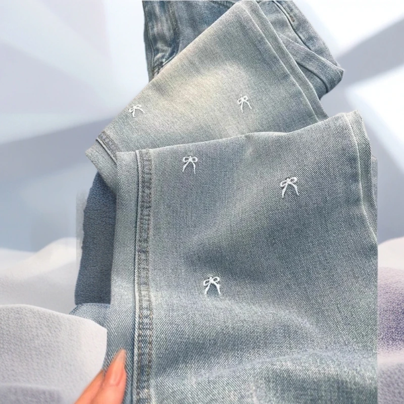 凉感蝴蝶结刺绣牛仔裤女夏新款大码胖mm显瘦通勤百搭设计感阔腿裤