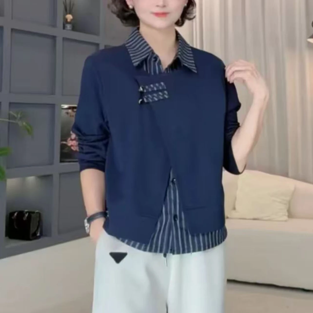 新款女士妈妈装时尚新中式假两件外套衬衫领休闲宽松减龄上衣