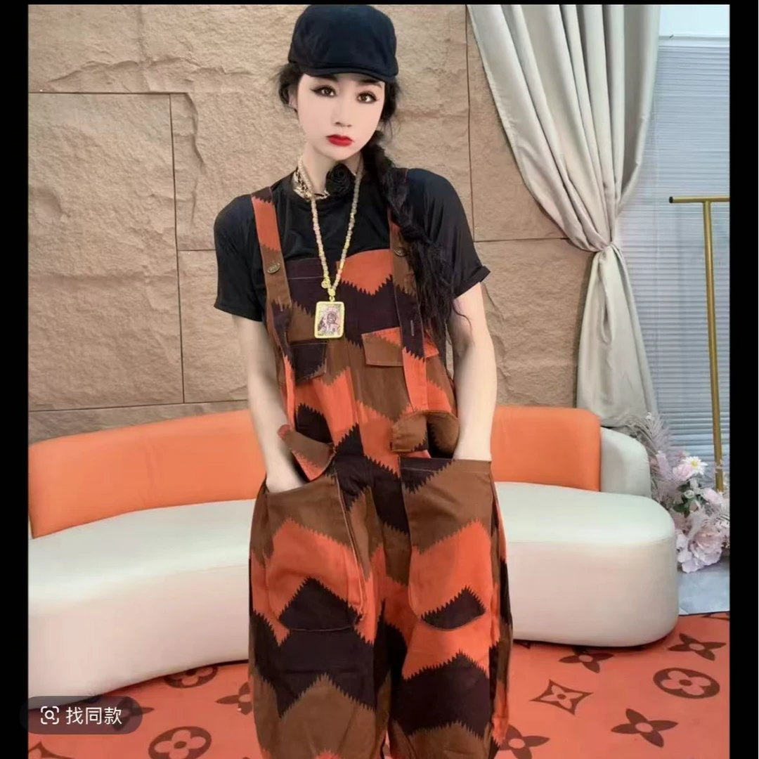 333（安言服饰）高腰阔腿裤夏季印花背带裤牛仔裤宽松套装时尚