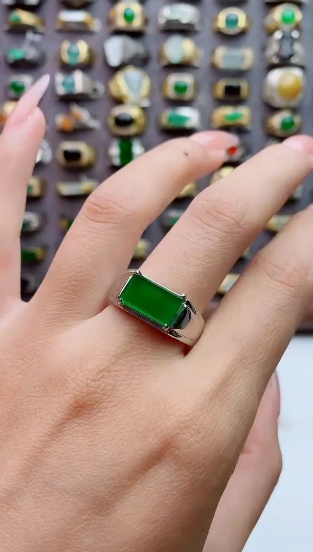 银S925镶嵌戒指翡翠天然翡翠男戒