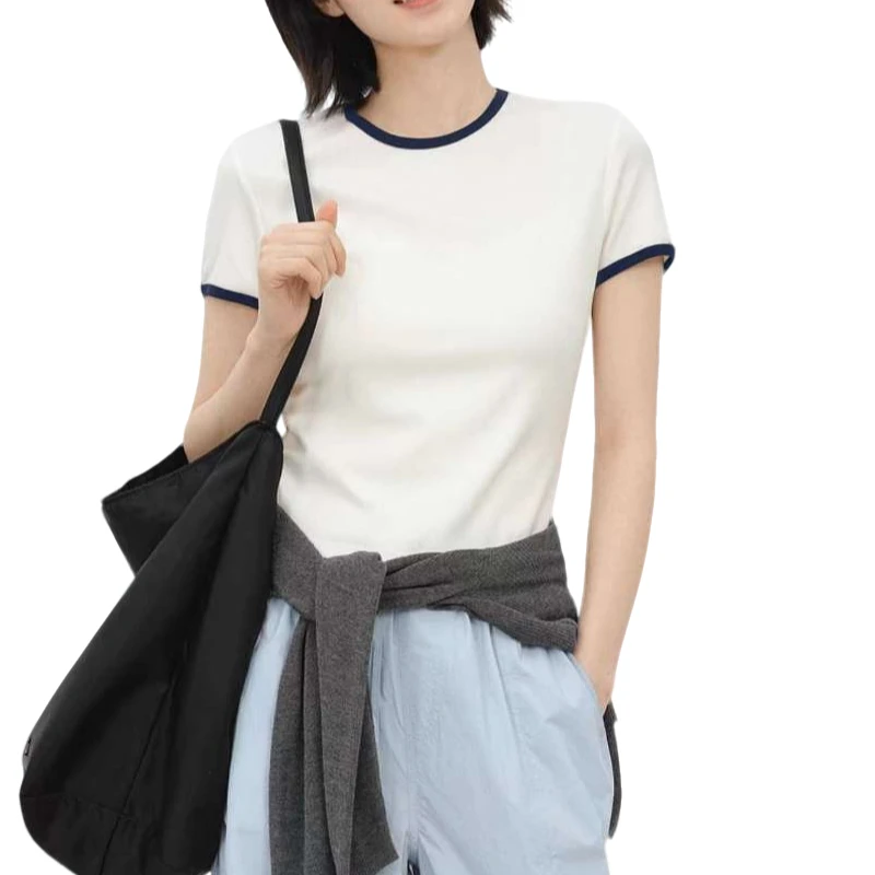 WENLA简约时尚夏季圆撞色领显瘦针织衫设计感