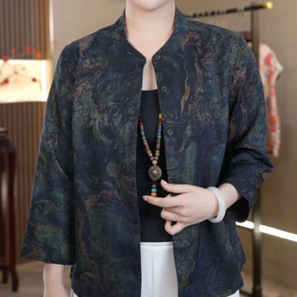 单层单面2025年初秋款山海衬衫修身上衣洋气气质减龄印花套头0916