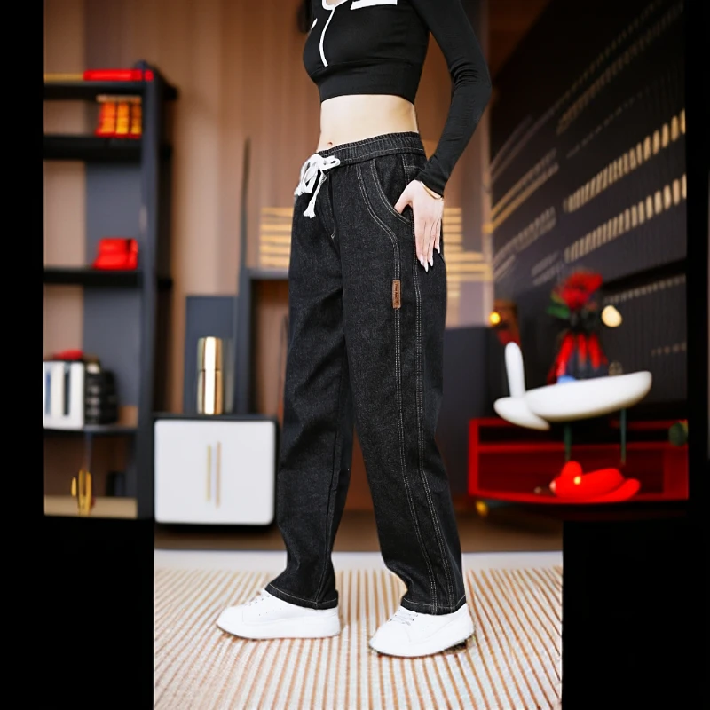 秋冬美式高街加绒加厚原色牛仔男裤直筒宽松裤潮牌阔腿百搭休闲裤