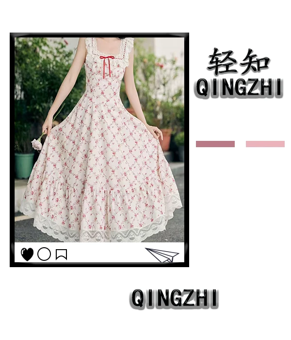 江晚秋田园风蕾丝边碎花收腰连衣裙女夏季胖mm显瘦小碎花连衣裙