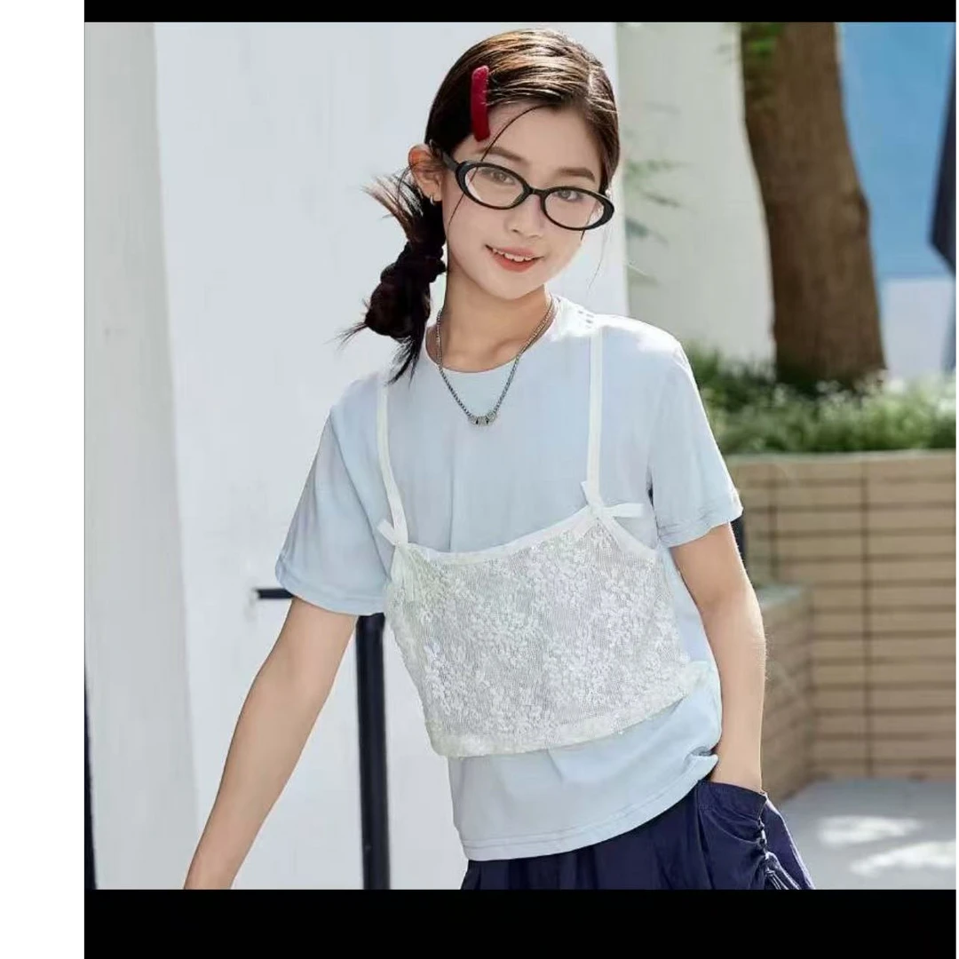 506222 蓝色 韩版女童舒适时尚洋气百搭潮流简约印花夏季短袖