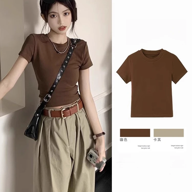 夏季咖色短袖t恤短款法式甜辣绝美酷飒拽姐小上衣女2025新款爆款