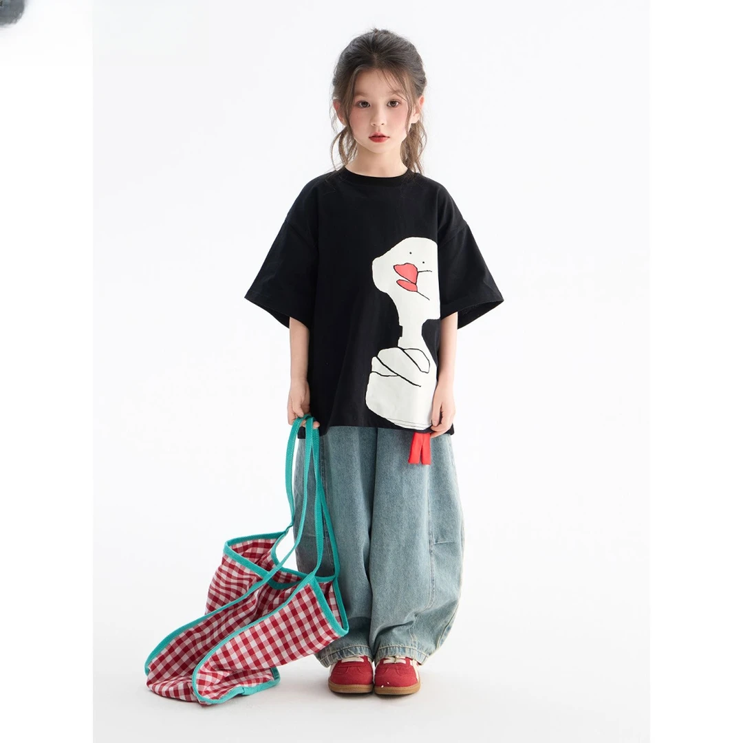 女童大版卡通短袖牛仔裤套装2025夏款中大童T恤上衣弯刀裤镰刀裤8