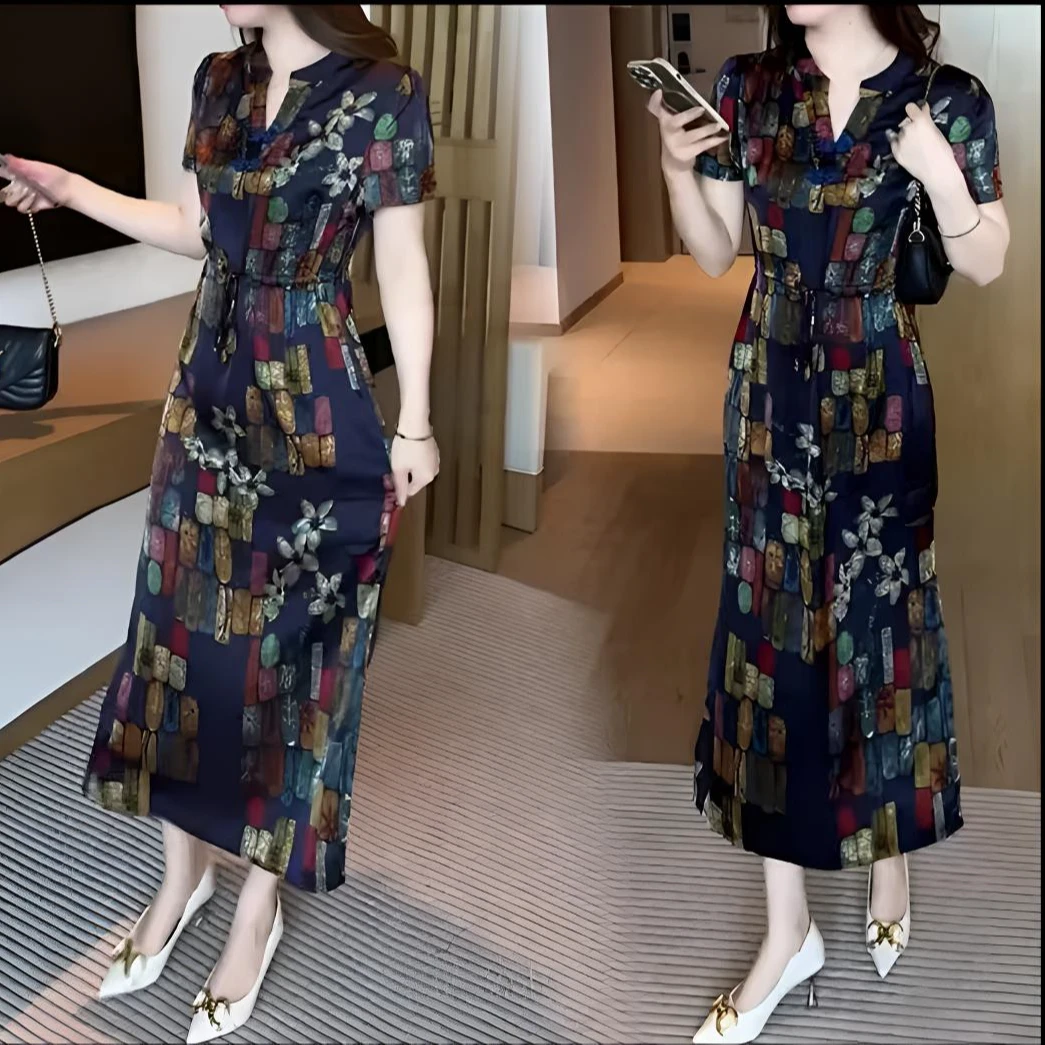 号-新中式国风显瘦时尚通勤收腰夏季女性开叉连衣裙