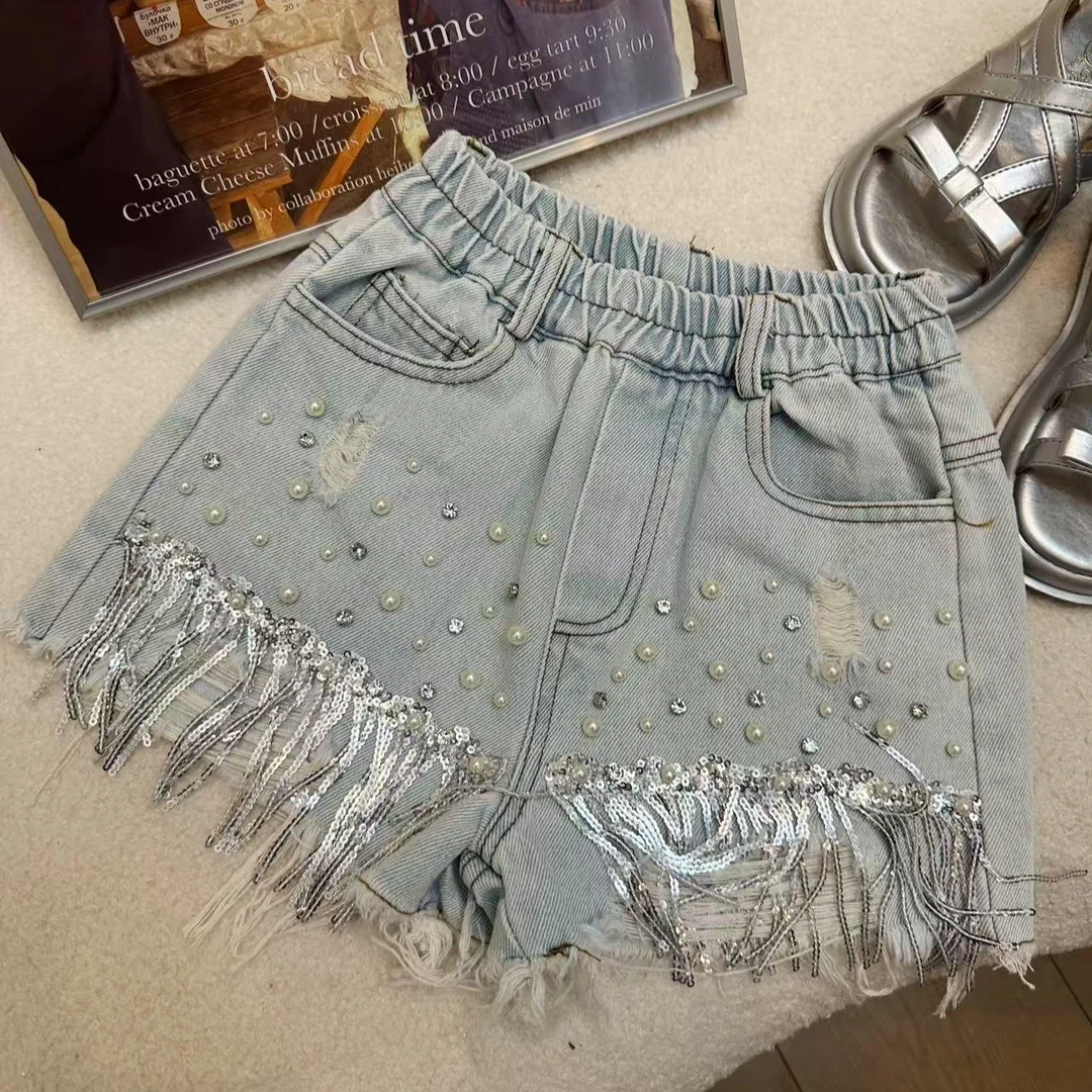 【Mt studio】【现货】流苏珍珠钉钻牛仔短裤子女童夏季百搭重工精致