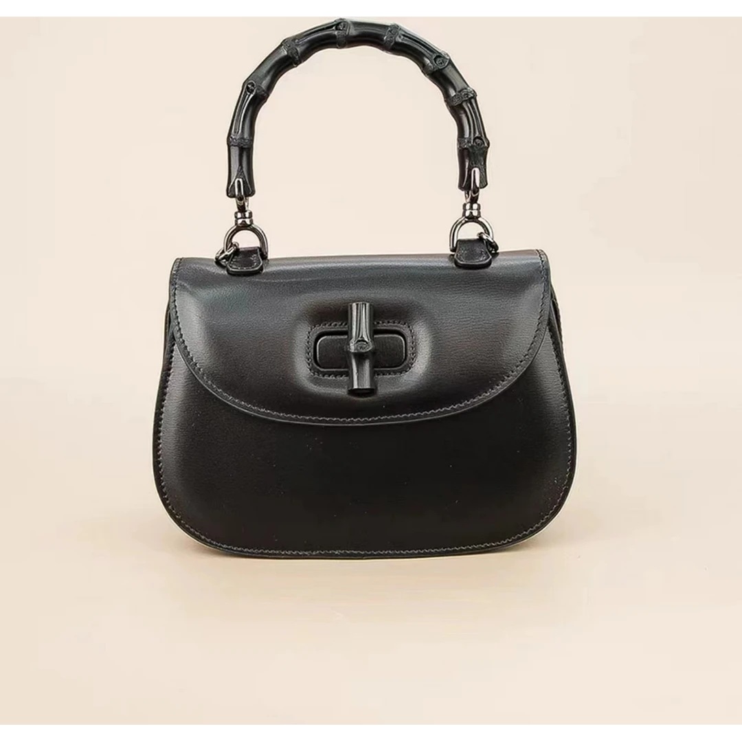 【Rain.Cun】中古竹节大号百搭斜跨头层皮女包 XKY-3920-黑色