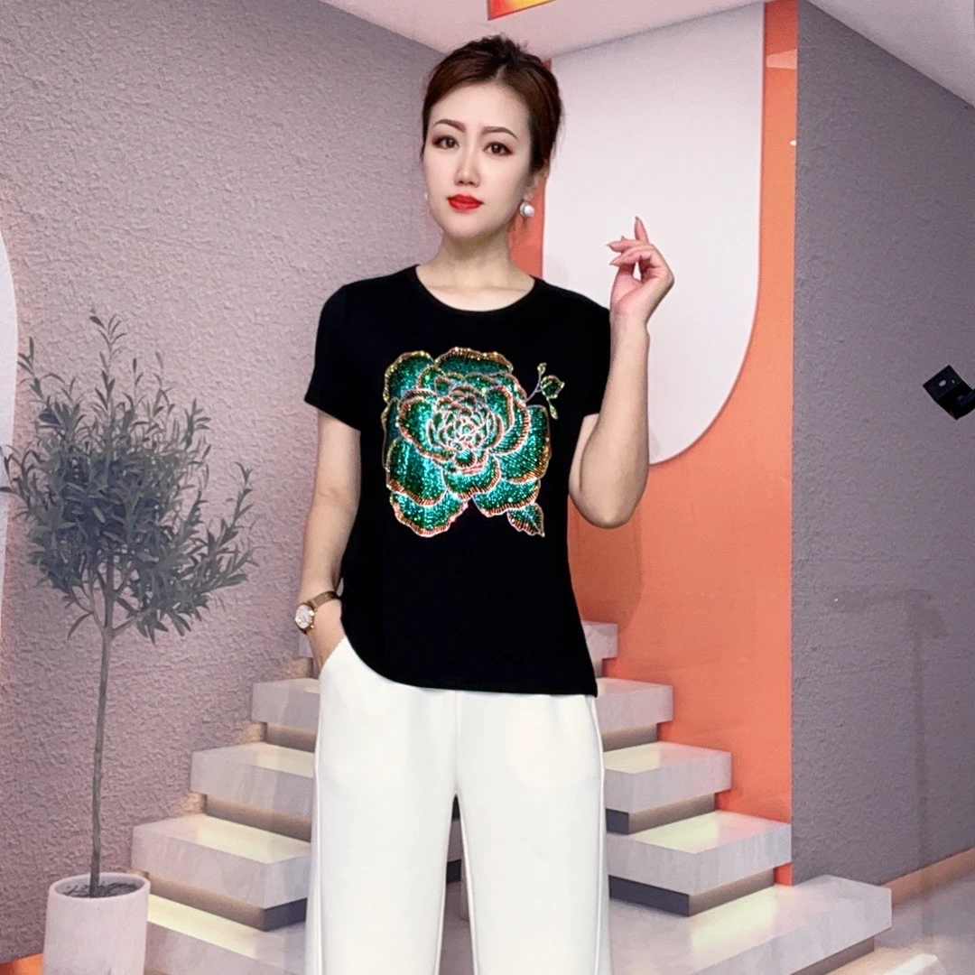 2025夏季新款女装短袖时尚百搭显瘦加大码女士圆领小衫8321