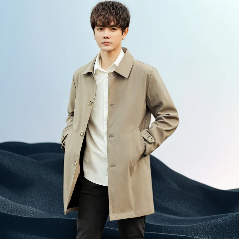 巴赛娜缇风衣外套男中长款新款春秋季男士休闲轻熟风潮流翻领大衣