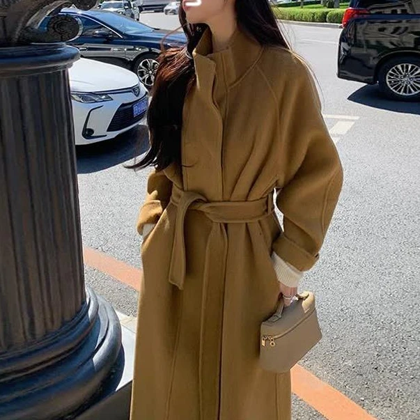 驼色双面毛呢大衣女2025年冬季新款高级感宽松廓形中长版毛呢外套
