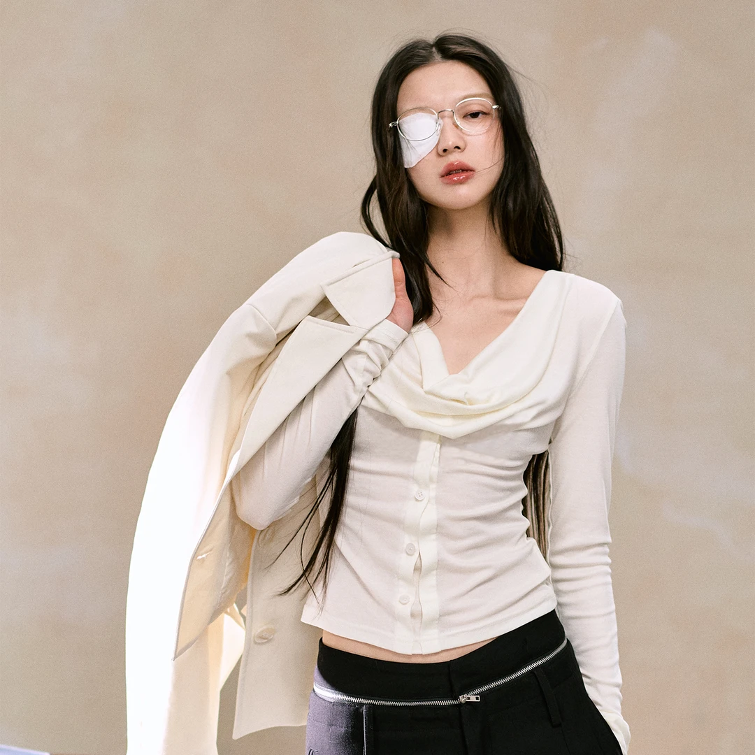 【LaluneDuCiel】LLDC长袖收腰简约单排扣修身荡领打底衫LSDS00657