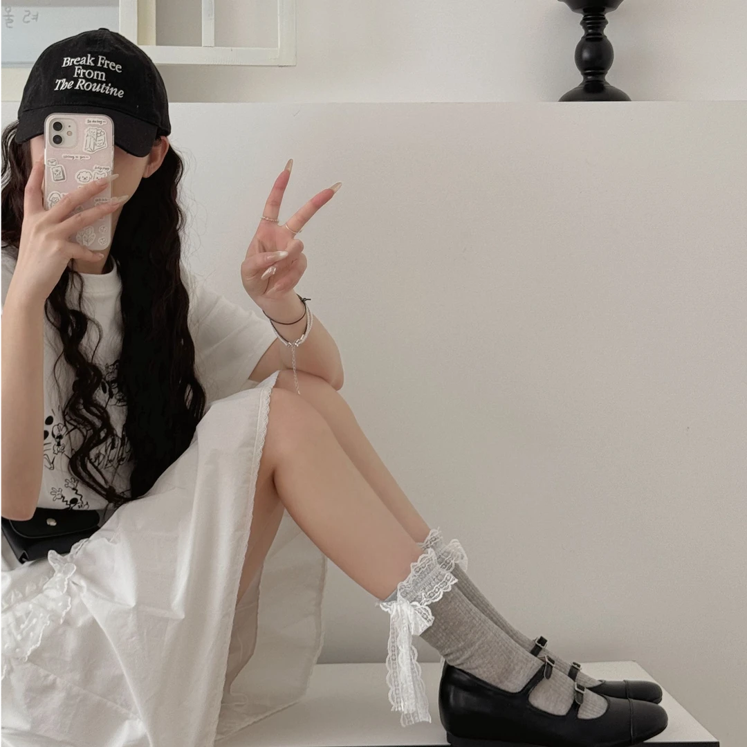 蕾丝绑带袜子 夏季薄款袜 宽蕾丝