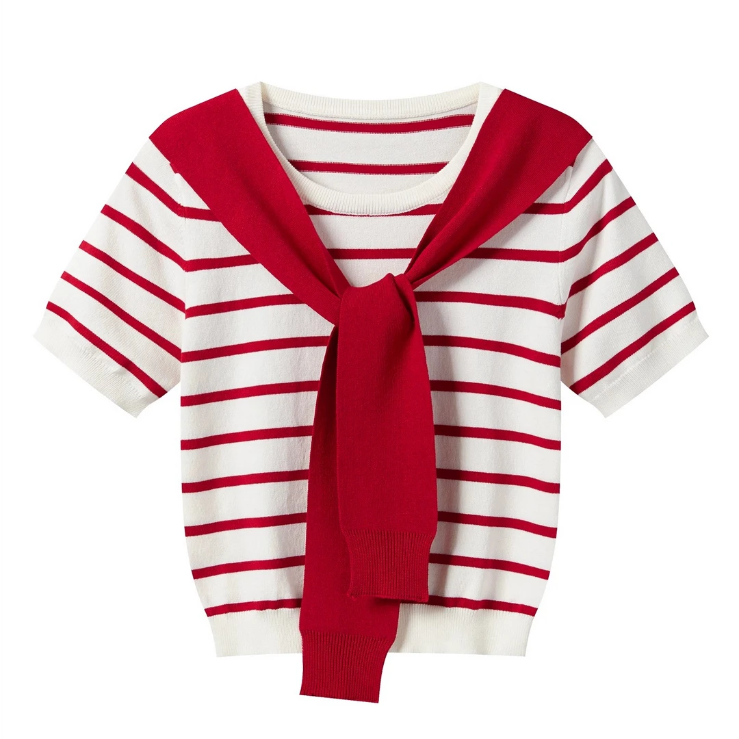 羊城故事-条纹带披肩短袖t恤夏季甜美减龄针织衫上衣Y50550323