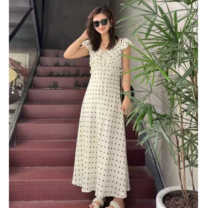 贝姐同款【法式波点连衣裙】夏季新款~V领气质收腰系带连衣裙6663