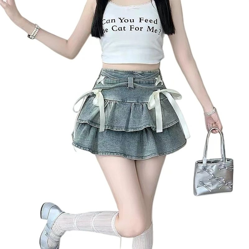 【俏黄蓉】特鲁推荐辣妹绑带设计感牛仔裤衩裙防走光