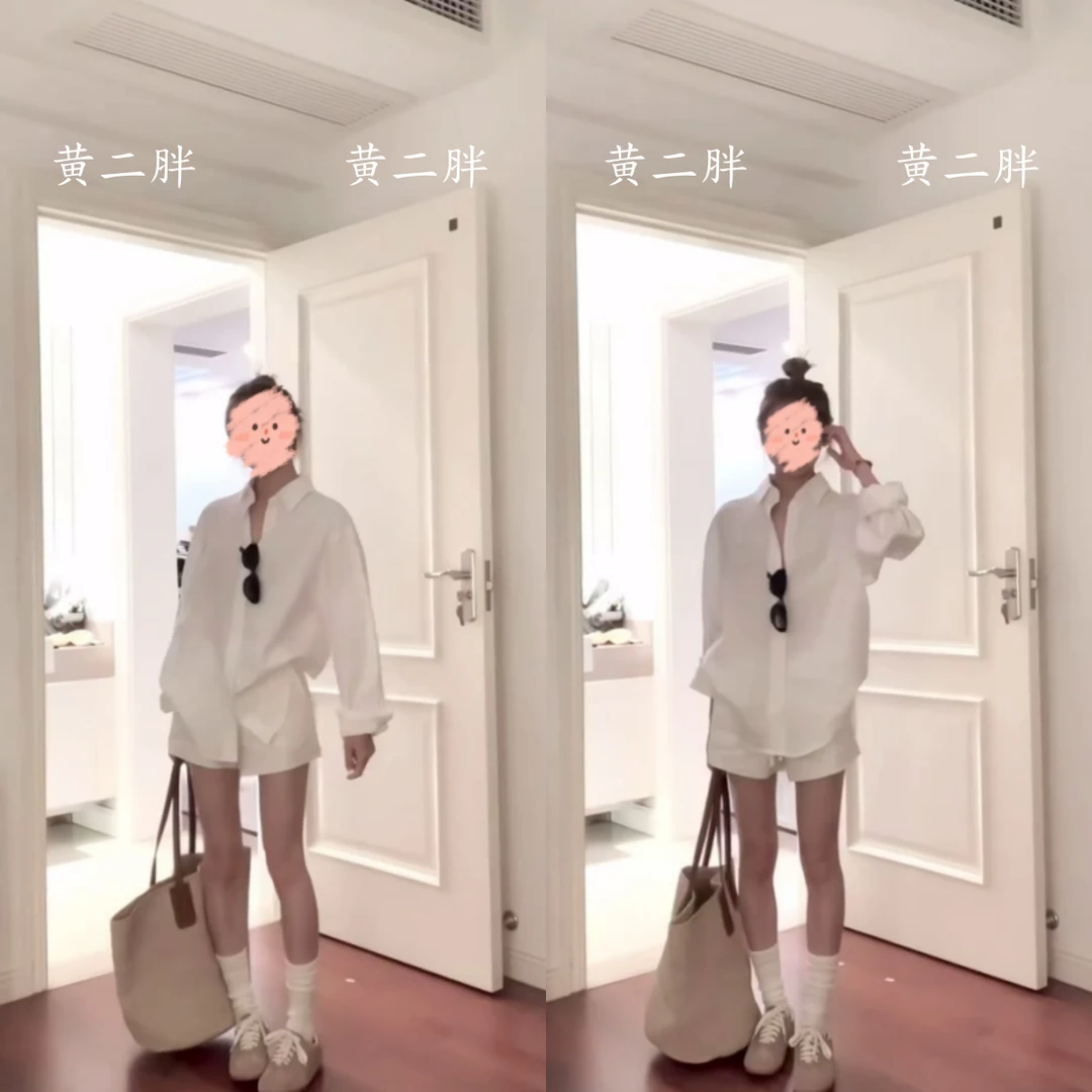 亚麻长袖防晒衬衫女+白色休闲短裤韩系松弛感慵懒套装2025夏新款