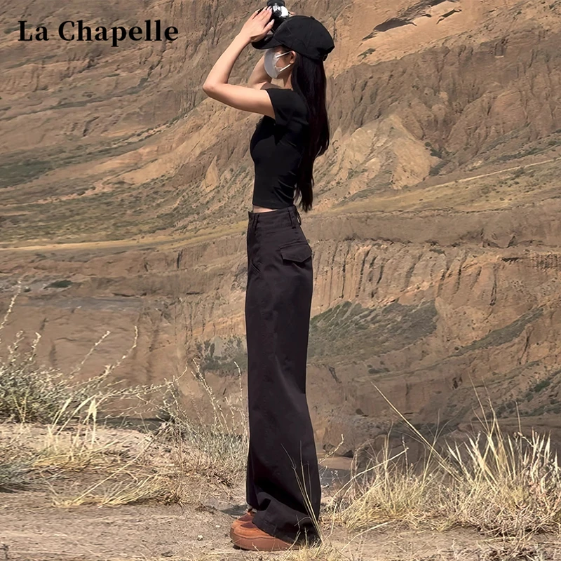 拉夏贝尔黑色美式工装裤女夏季2025新款高腰直筒窄版西装阔腿裤子