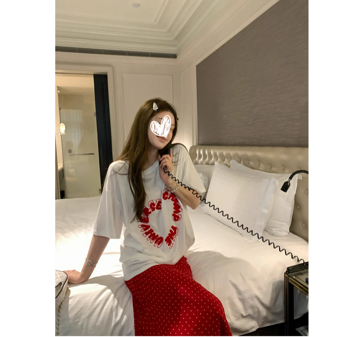 宽松字母印花T恤套装裙子韩系波点半身裙夏季休闲时尚两件套女装