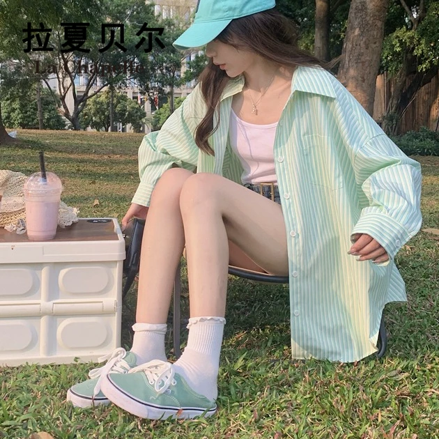 拉夏贝尔韩系松弛感条纹衬衫女2025秋夏新款宽松显瘦开衫长袖上衣