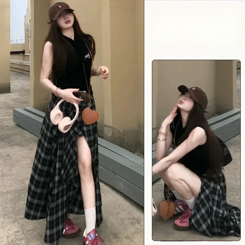 韩系肩膀系带无袖复古上衣设计感不规则开叉半身裙格子裙两件套女