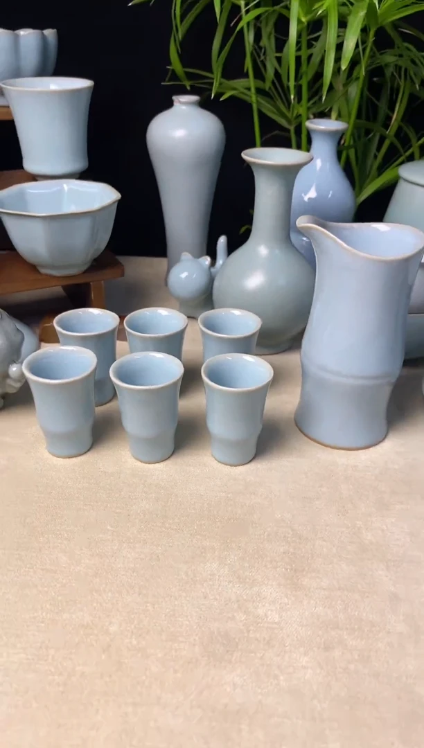 全品福利-天青釉全手工竹节酒具套装