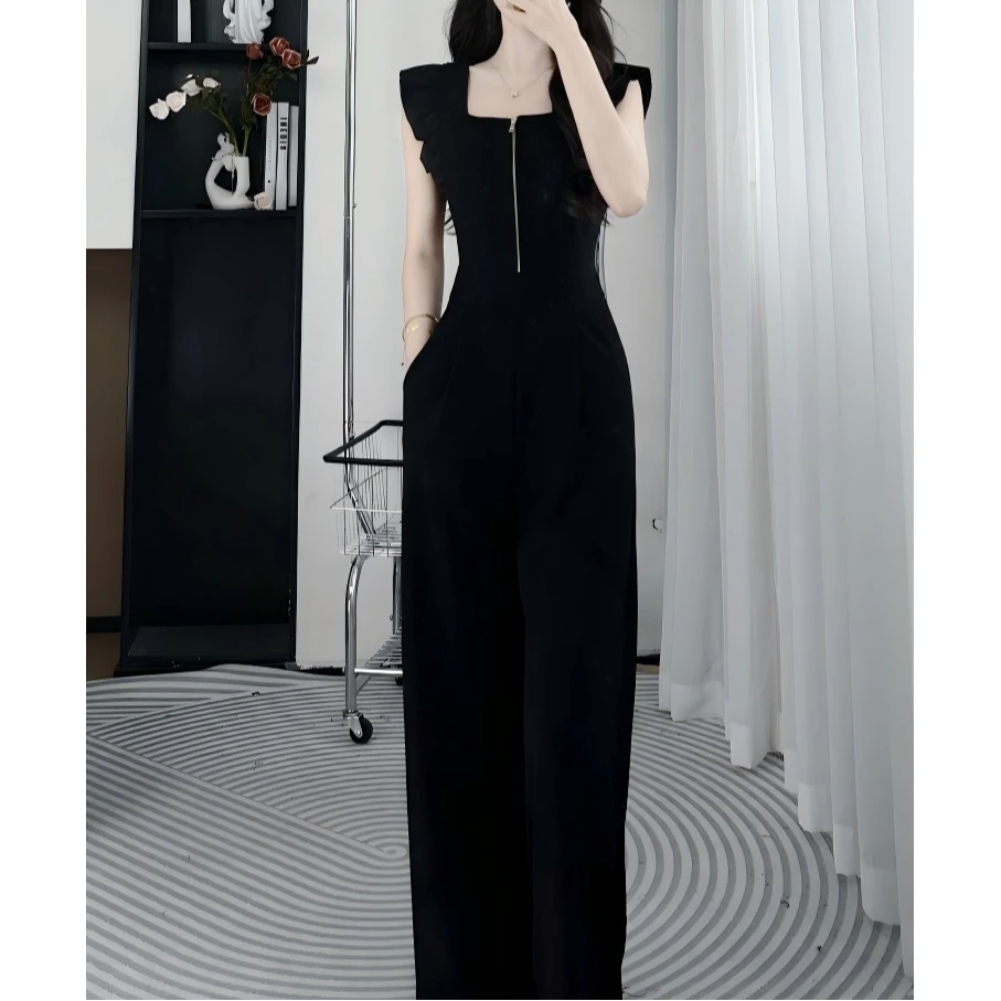 M127小众百搭荷叶边飞飞袖显瘦高腰黑色轻奢时尚阔腿直筒裤连体裤