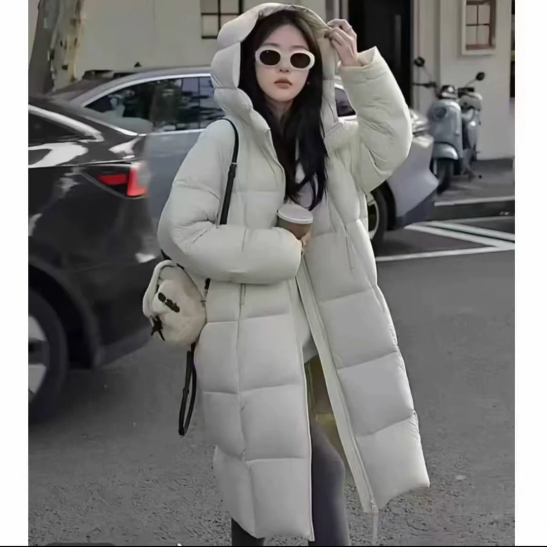 贝贝长连帽宽松型厚款长款女装百搭中长款纯色时尚休闲女士羽绒服