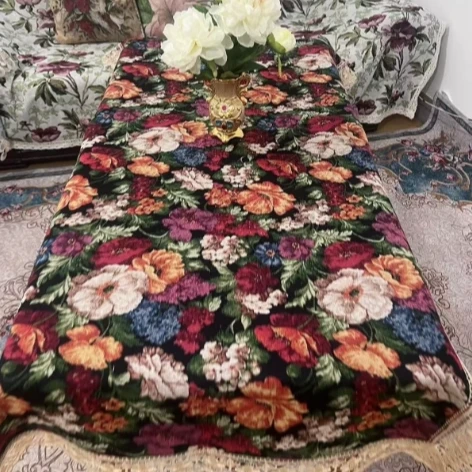 ZN101-85棉麻交织布【90*220】黑底百花齐放水溶边桌布茶几布