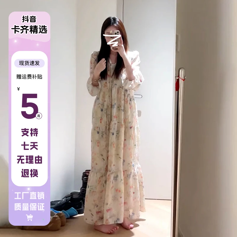 5296早秋新款法式独特碎花长袖连衣裙子女夏季韩系高级感穿搭长裙