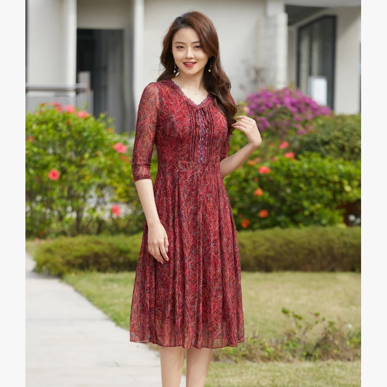 2025夏季中年妈妈装收腰中长款七分袖台湾纱女装连衣裙8307-13