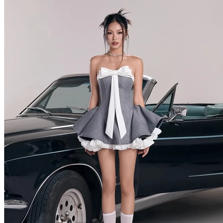 Z7263法式纯欲风蝴蝶结抹胸连衣裙女春夏富家千金感收腰蓬蓬短裙