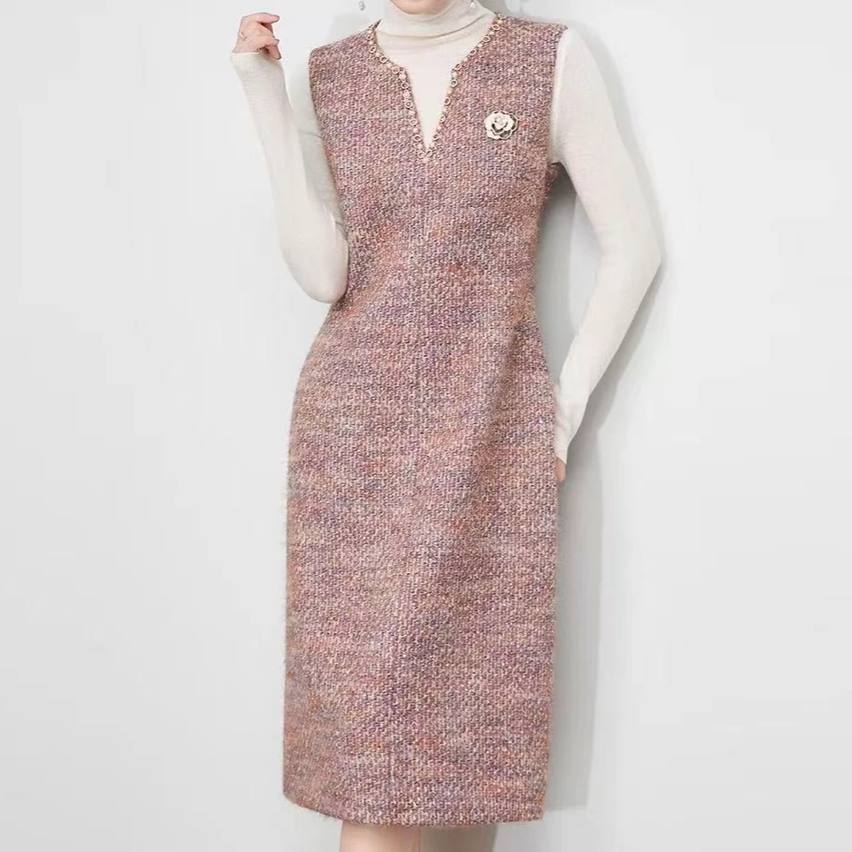 【零】法式高级感温柔优雅小香粗花呢无袖中长款连衣裙 5097