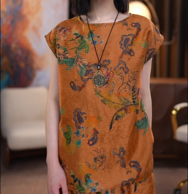 【暮光】100%桑蚕丝香云纱新中式短袖上女装百搭气质款印花小衫