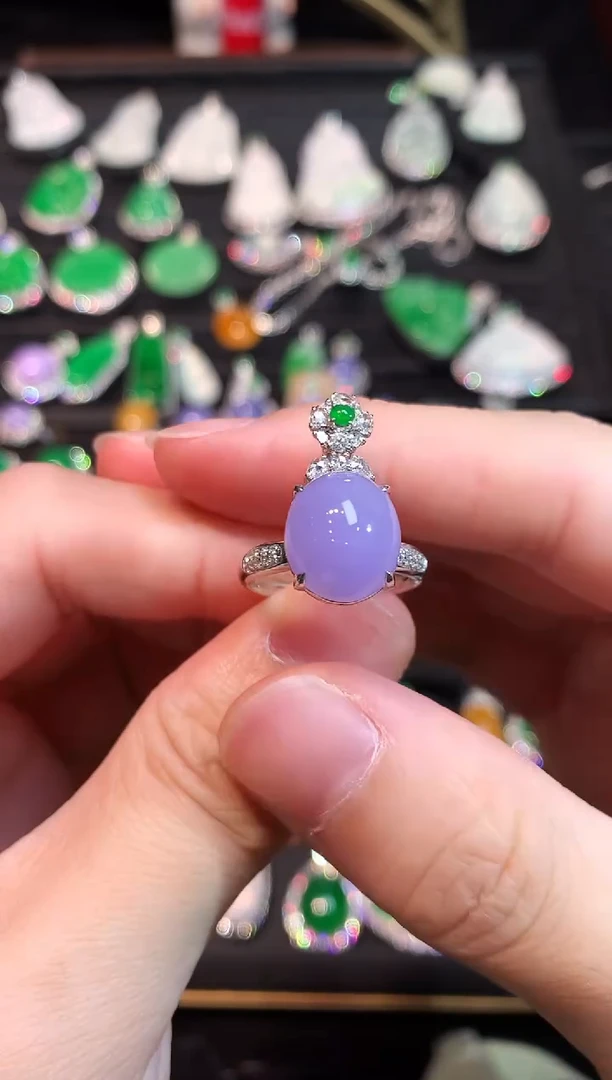 18K金镶嵌戒指翡翠高冰紫罗兰蛋面戒指吊坠两用