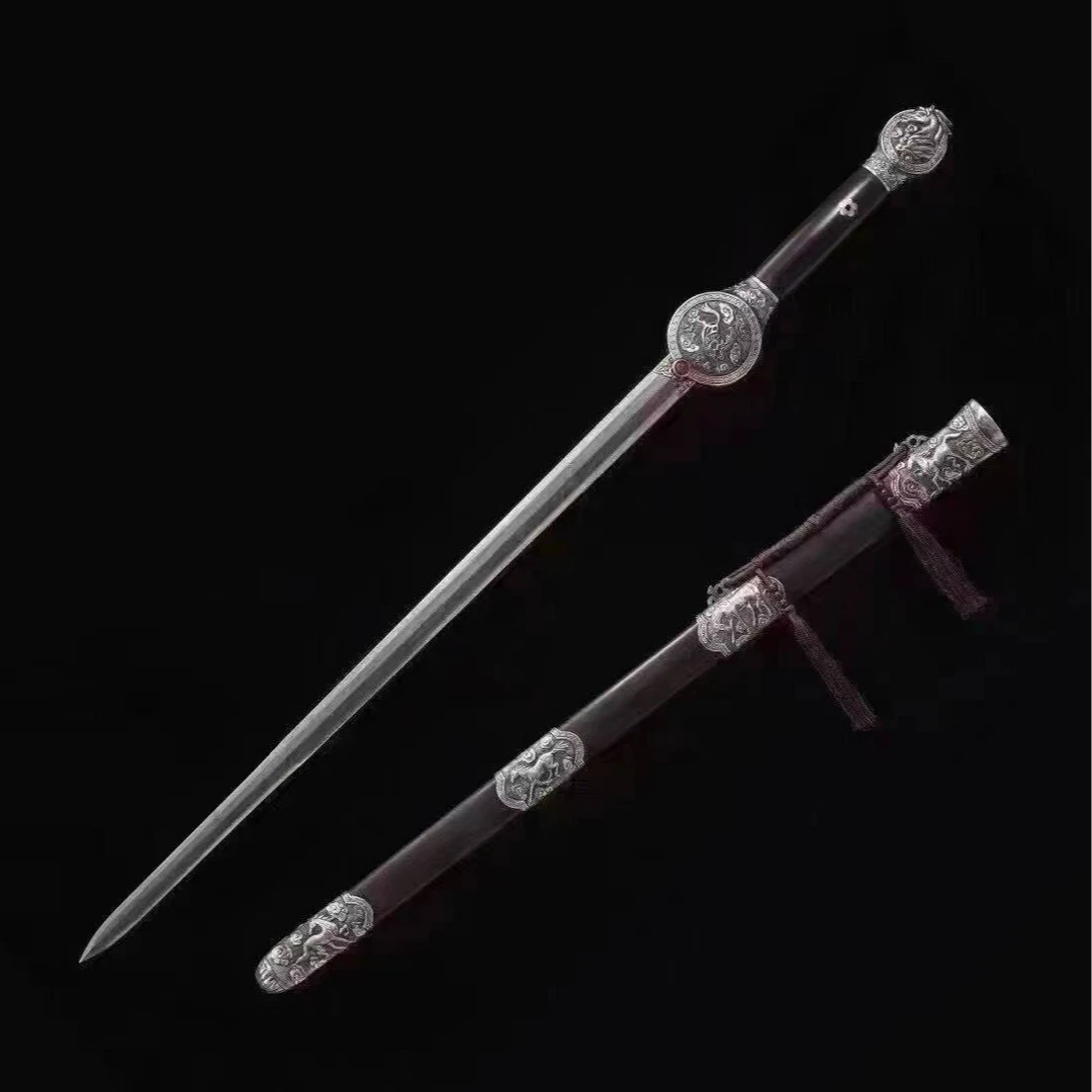 【马到成功剑】独家款百炼花纹钢凤尾纹覆土烧刃  黑檀木  未开刃