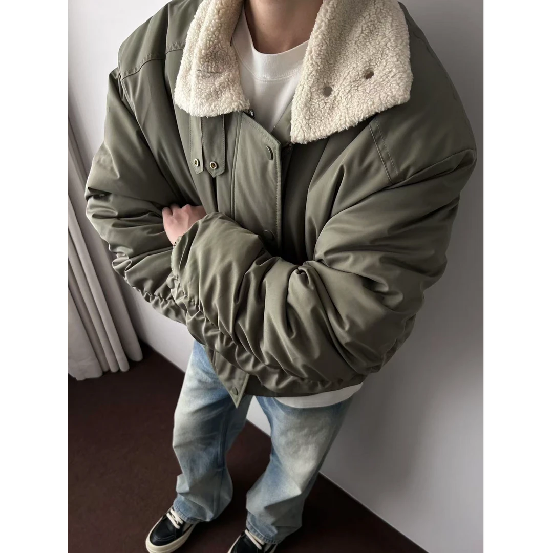 【扩肩双开门】翻领羊羔美式棉衣保暖外套复古男女百搭男款