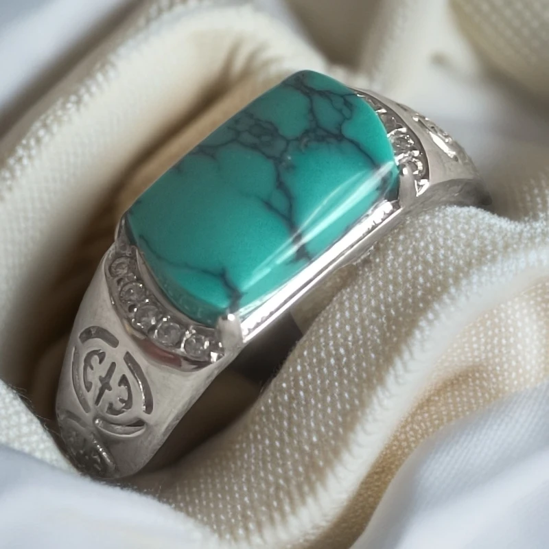 纯天然原矿绿松石水草花纹戒指男女百塔款式