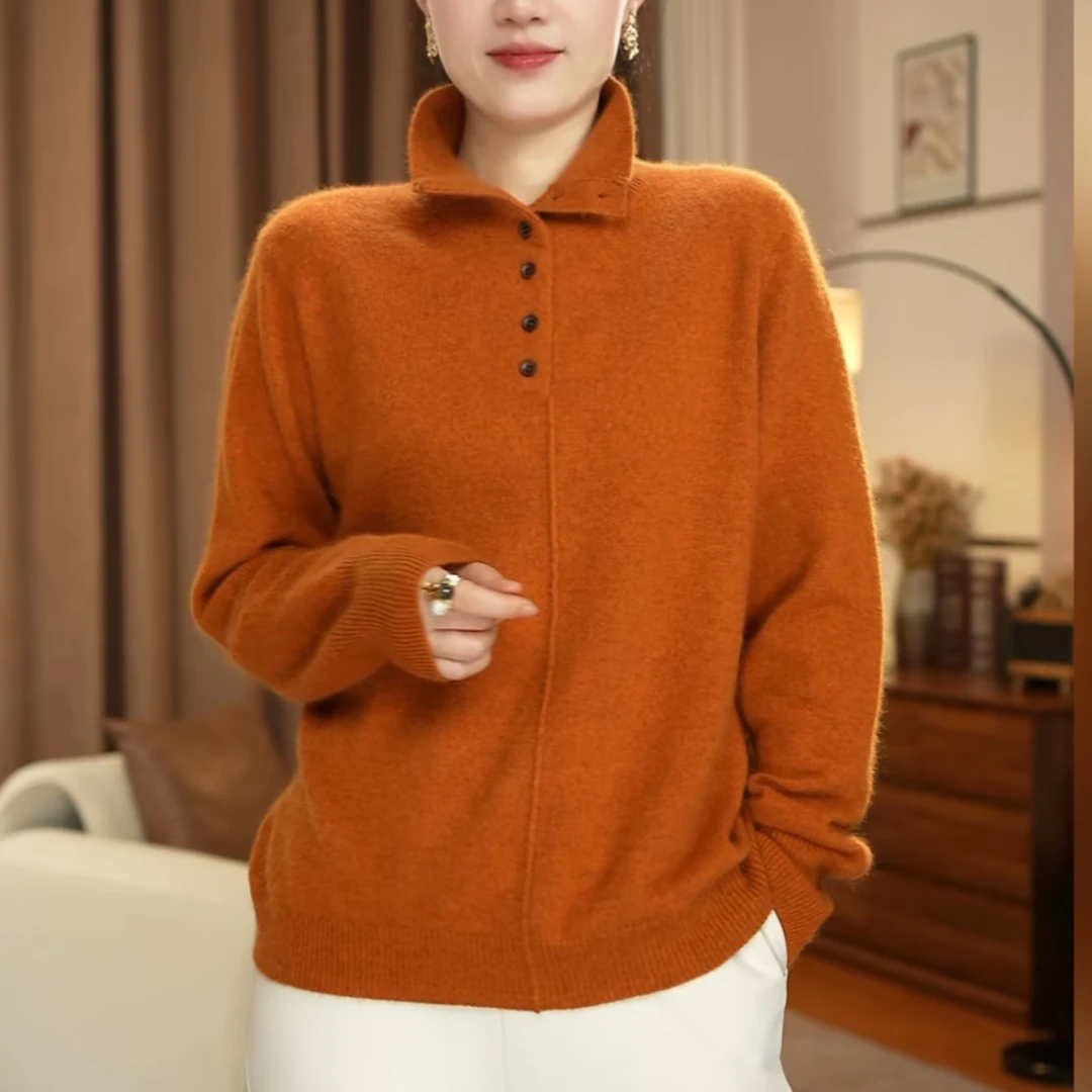 秋冬新款时尚纯色简约百搭高级毛衣女宽松洋气高领纽扣款毛针织衫