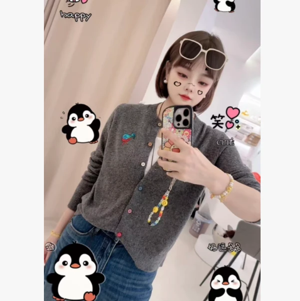 秋季新款小鸟钉珠亮片彩扣针织花线开衫