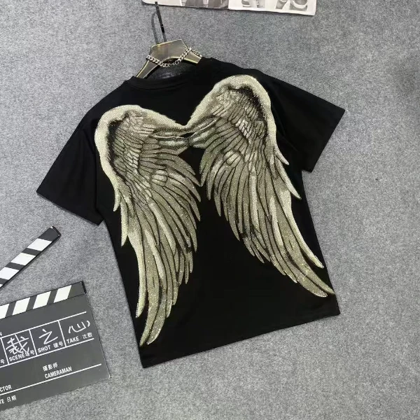 967新款字母翅膀烫钻T恤上衣男女同款黑白半袖时尚宽松圆领夏