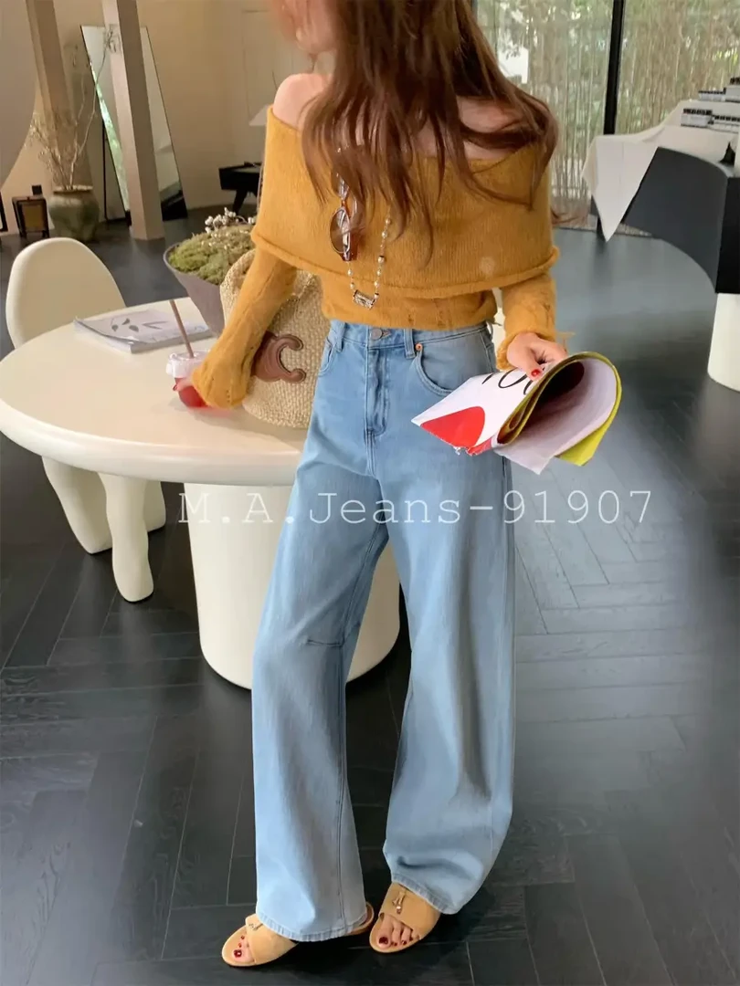 MA春季新款剪标牛仔裤女宽松垂感阔腿裤浅蓝色四面弹拖地裤91907