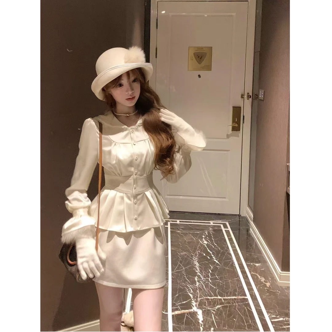 【月光浮雕】新款收腰衬衣手缝珍珠毛衣超重工泡泡袖上衣女配半身裙