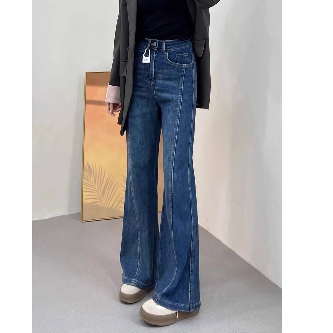 爆款斜边设计弹力微喇牛仔裤女大码秋季梨形遮胯显瘦高腰阔腿长裤