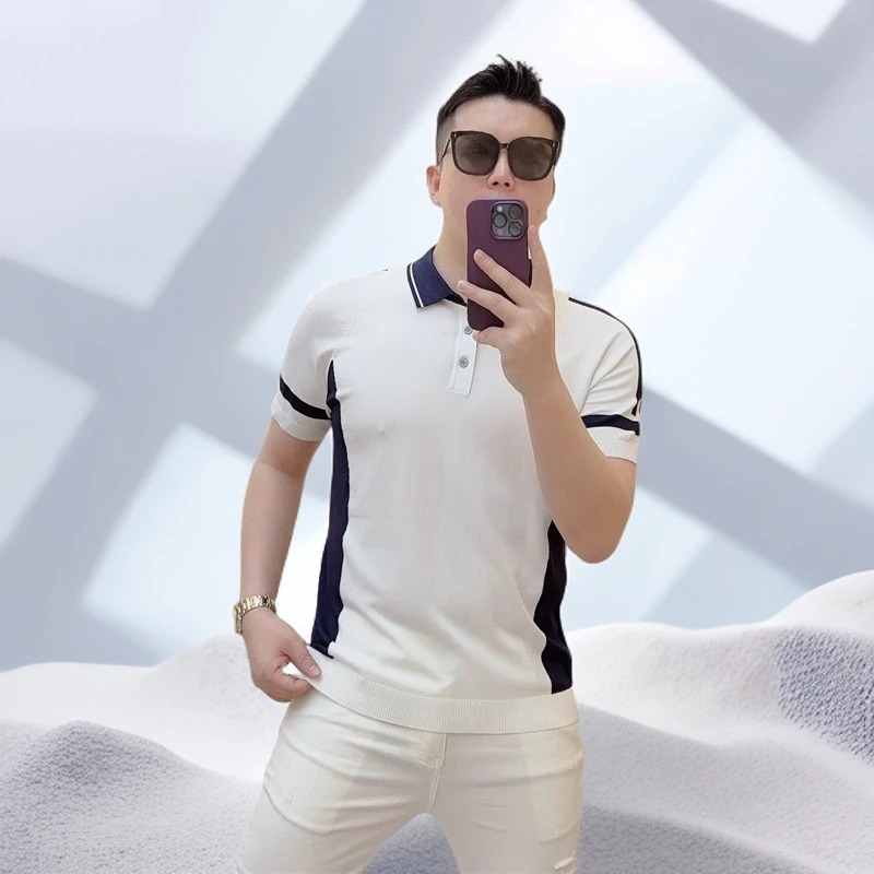 宾斯洛特夏季时尚个性拼色修身帅气百搭舒适冰丝短袖T恤polo衫
