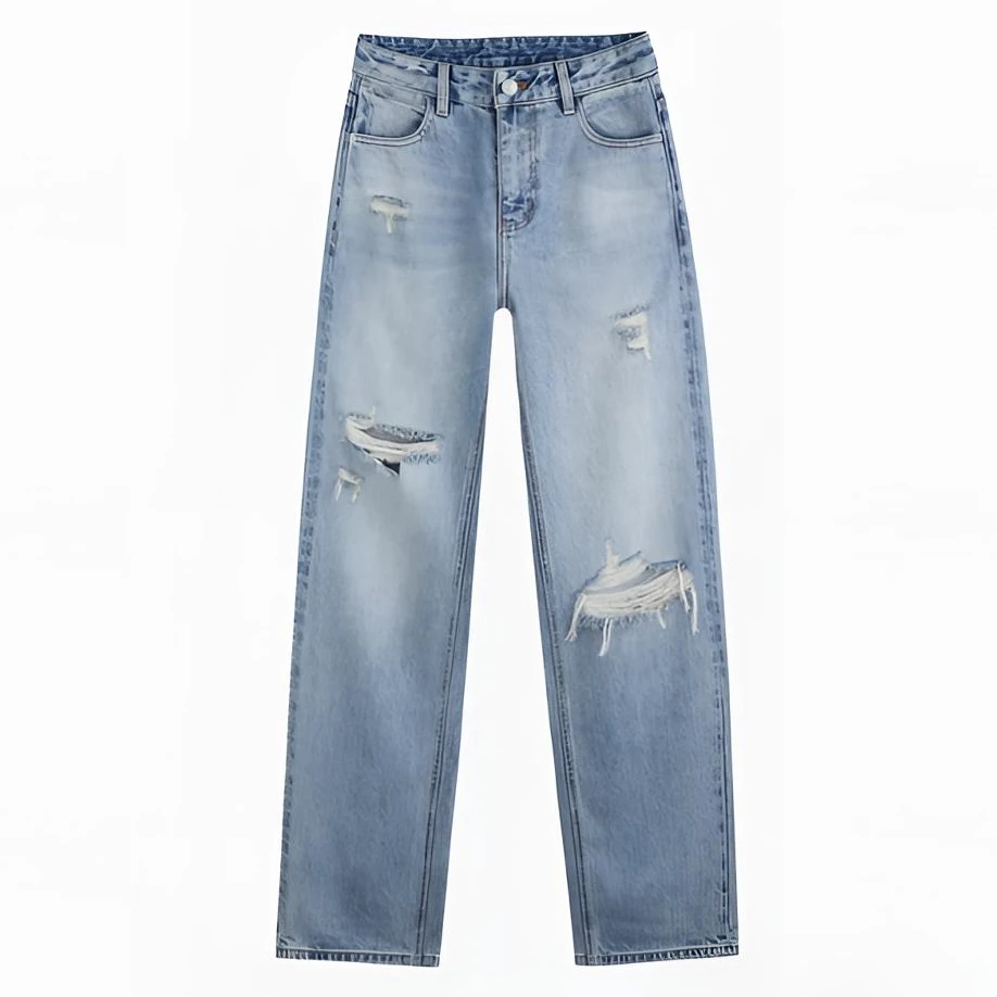 KMD"巴黎"2025春夏无弹复古高街破洞宽松直筒休闲男女破洞牛仔裤